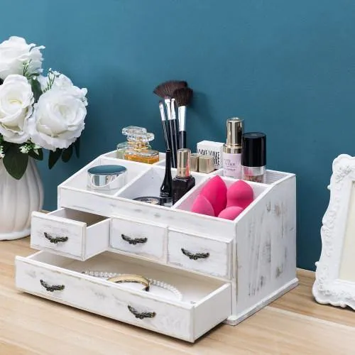 Shabby Whitewashed Solid Wood Vanity Organizer with Drawers