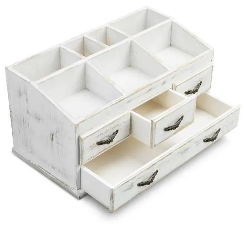 Shabby Whitewashed Solid Wood Vanity Organizer with Drawers