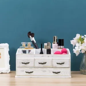 Shabby Whitewashed Solid Wood Vanity Organizer with Drawers
