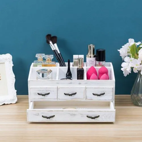 Shabby Whitewashed Solid Wood Vanity Organizer with Drawers
