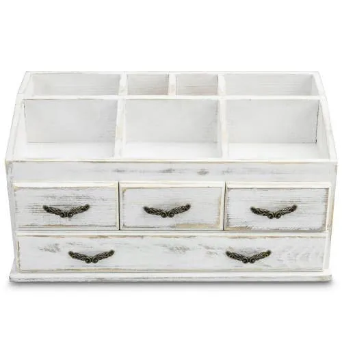 Shabby Whitewashed Solid Wood Vanity Organizer with Drawers