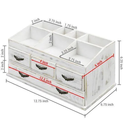 Shabby Whitewashed Solid Wood Vanity Organizer with Drawers