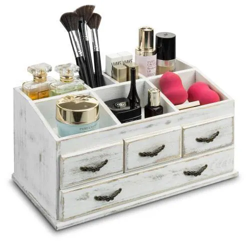 Shabby Whitewashed Solid Wood Vanity Organizer with Drawers