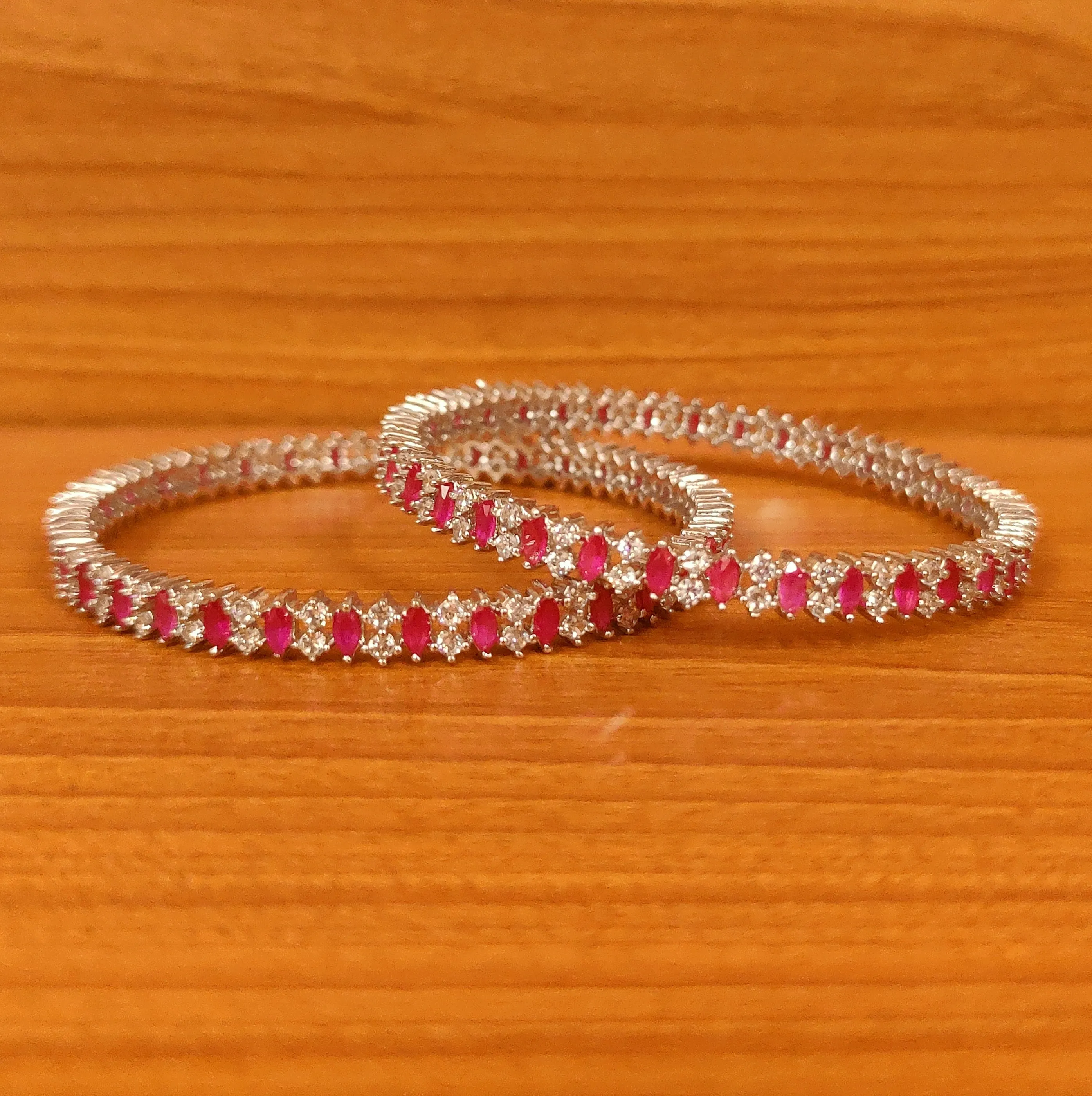 SILVER PLATED CZ STUDDED RUBY DIAMOND LOOK BANGLES
