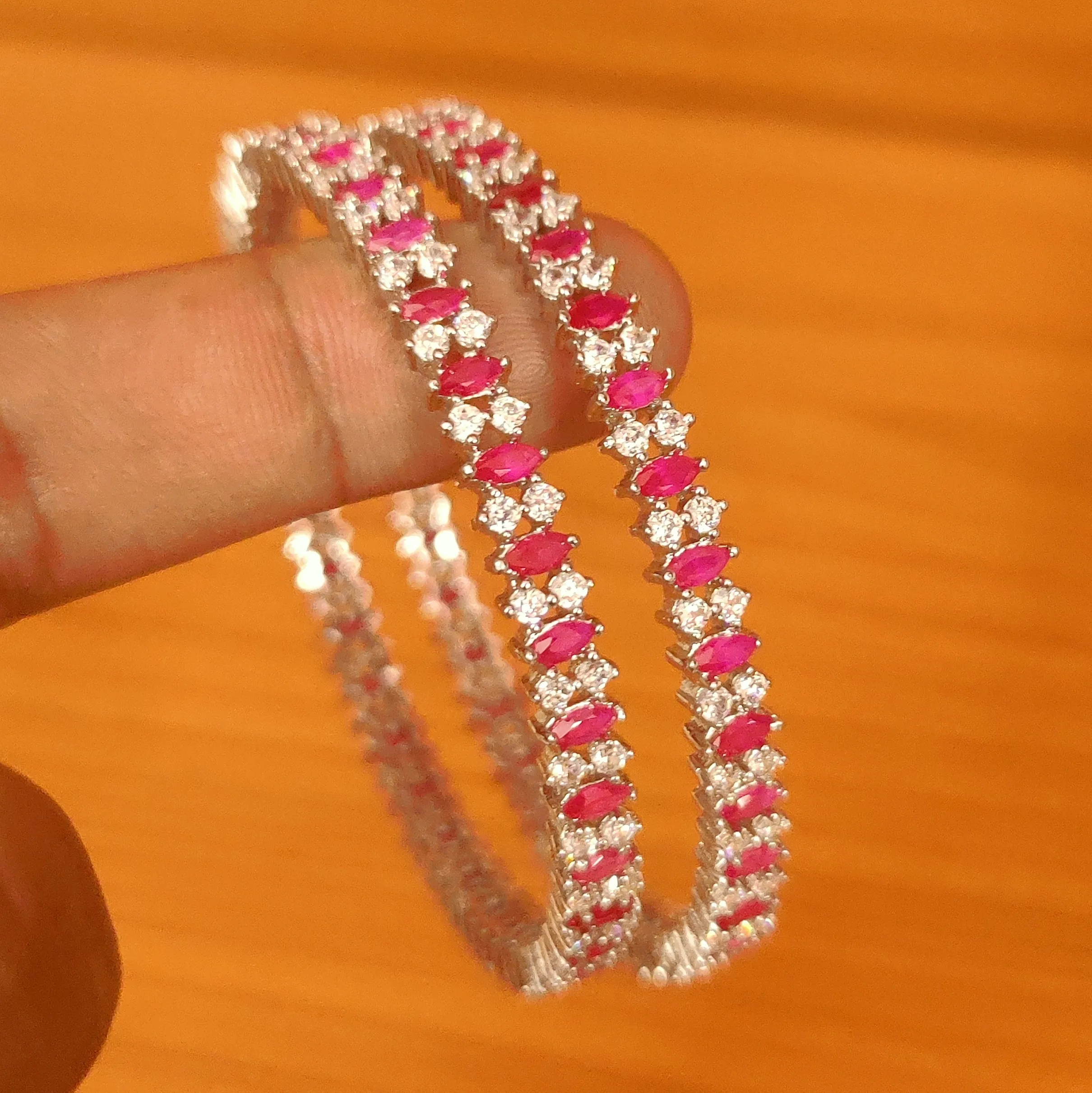 SILVER PLATED CZ STUDDED RUBY DIAMOND LOOK BANGLES