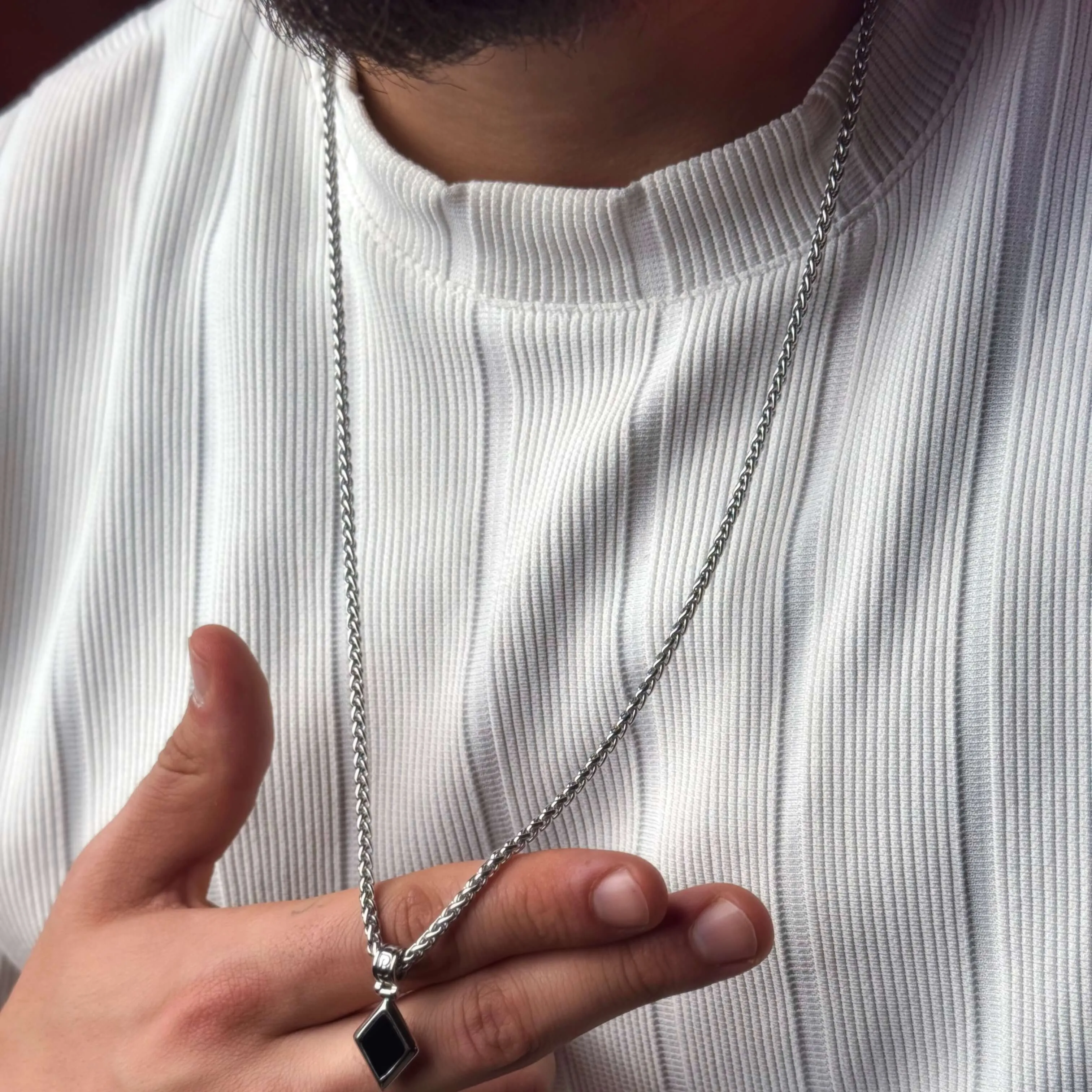 Silver Plated Diamond Shape Onyx Necklace