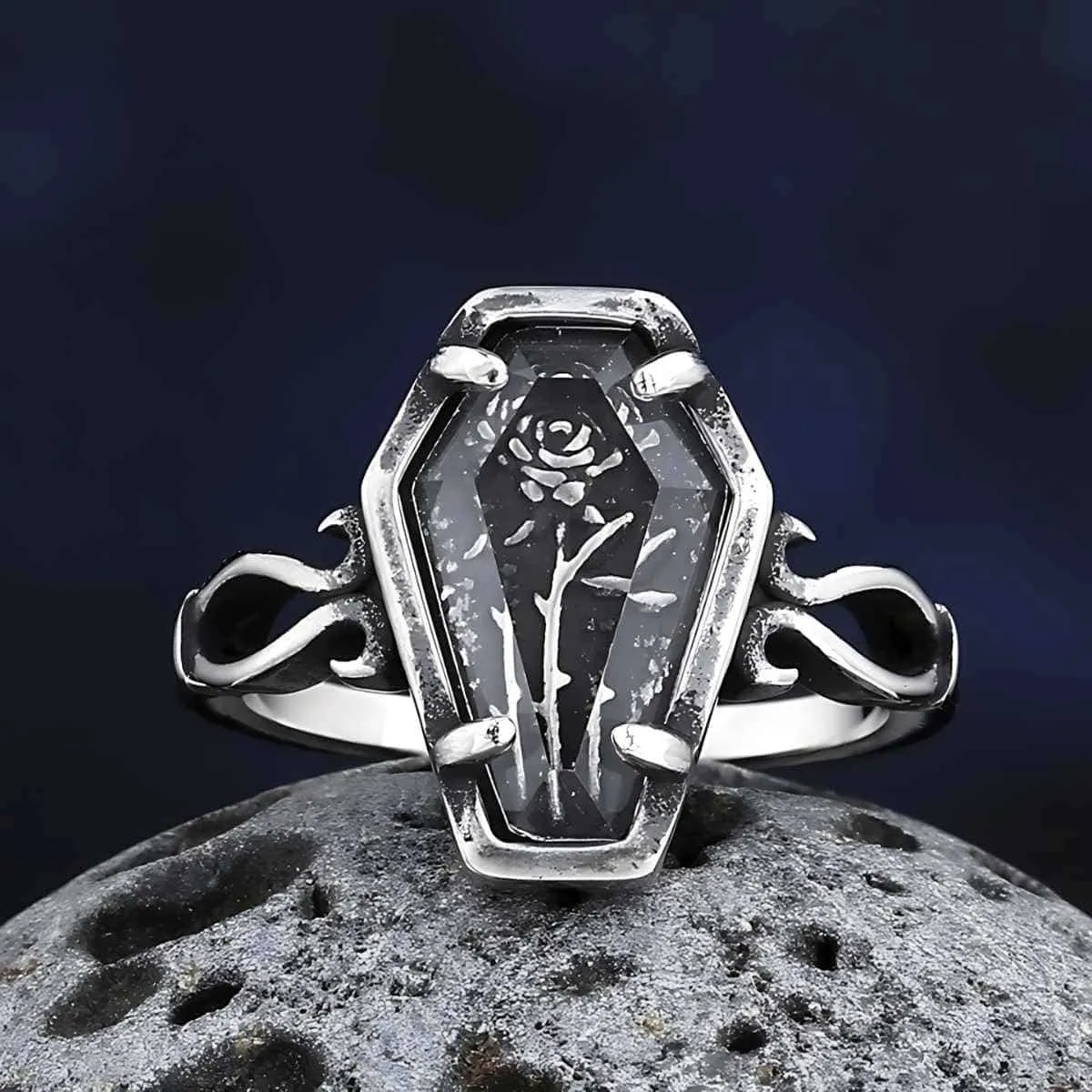 Silver Rose Coffin Ring