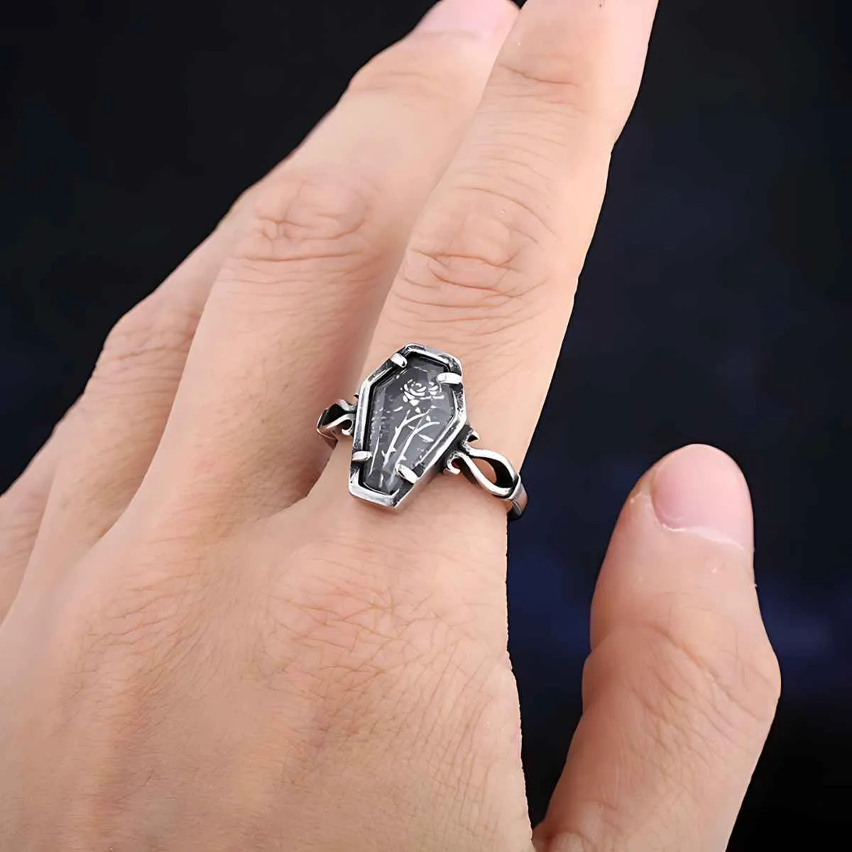Silver Rose Coffin Ring