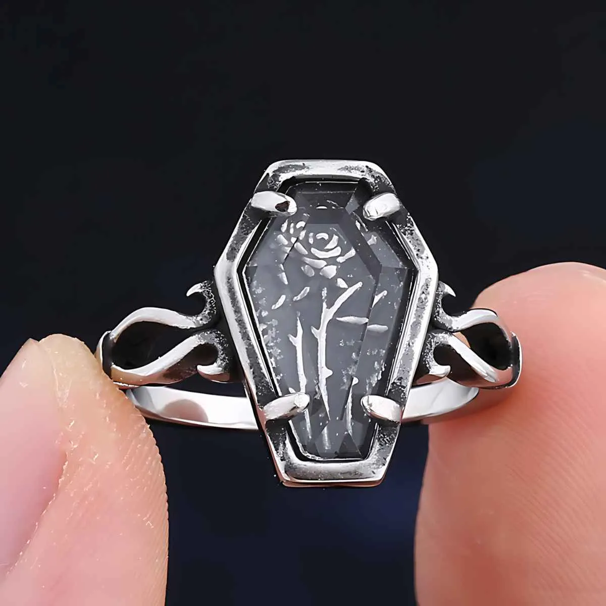Silver Rose Coffin Ring