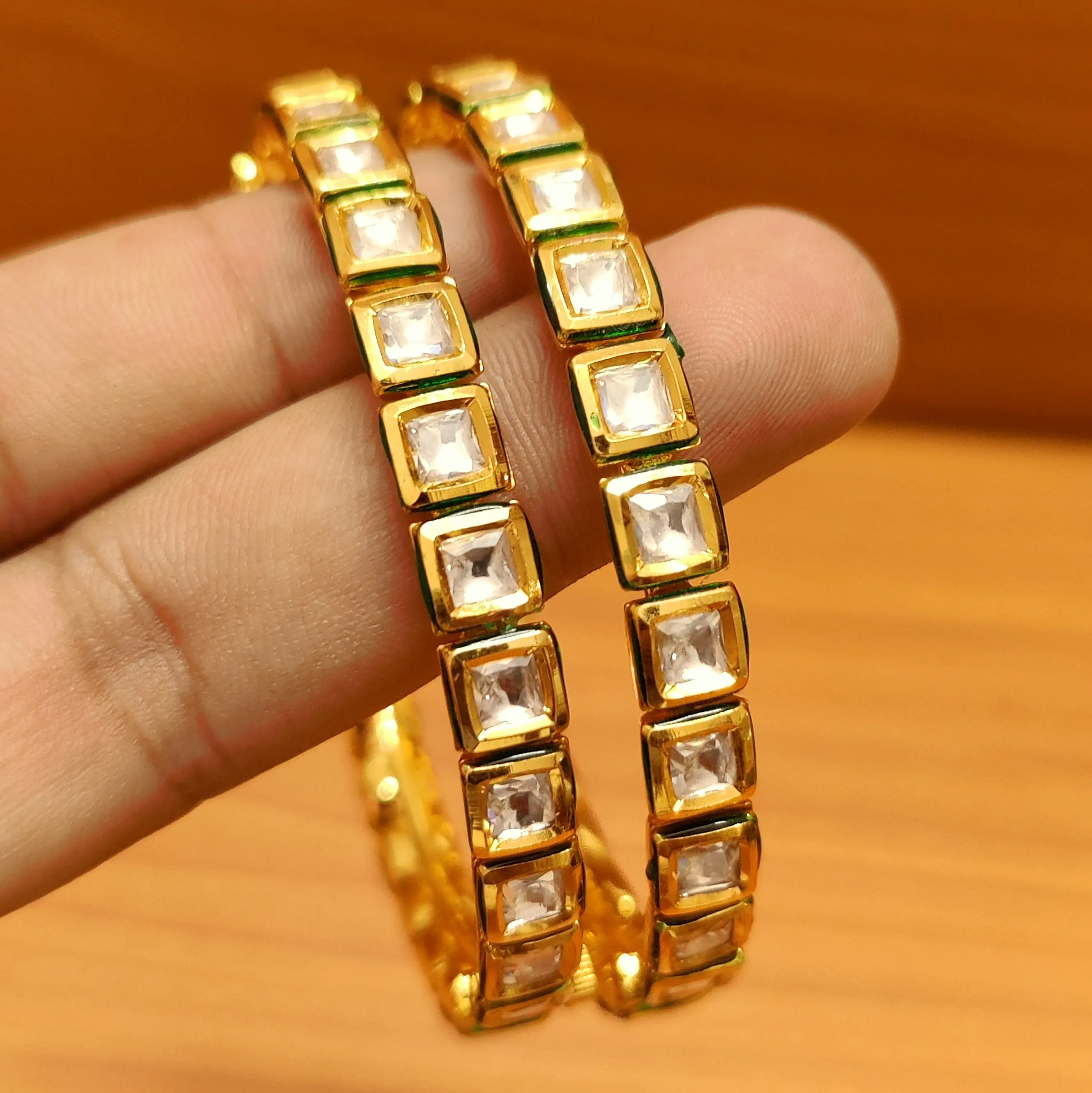 SQUARE SHAPED KUNDAN POLKI MEENAKARI OPENABLE BANGLES