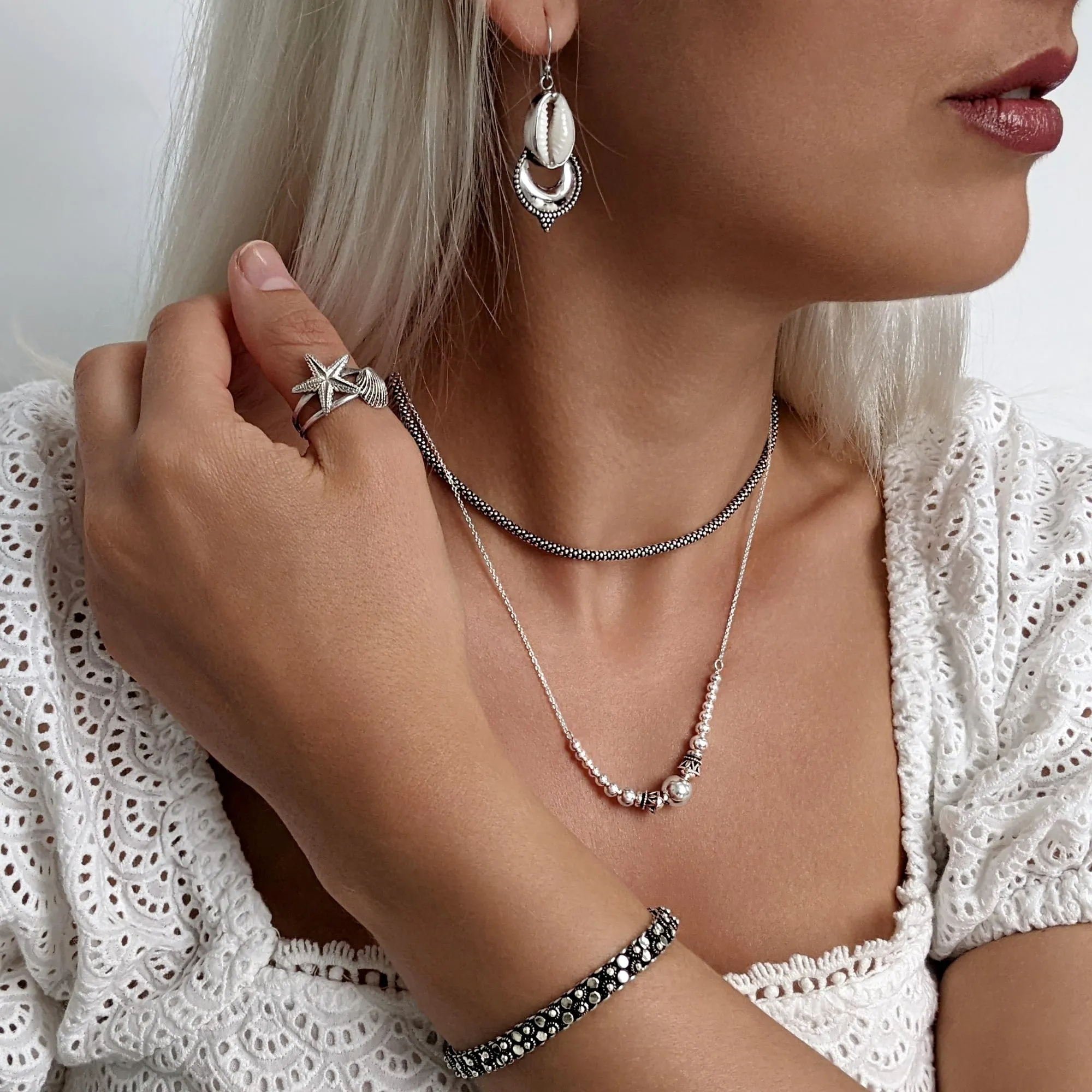 Sterling Silver Bali Style Ball Bead Beaded Chain Necklace