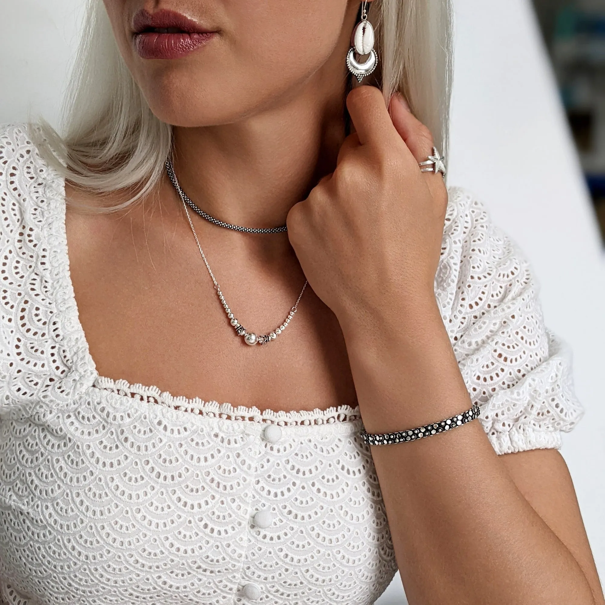 Sterling Silver Bali Style Ball Bead Beaded Chain Necklace
