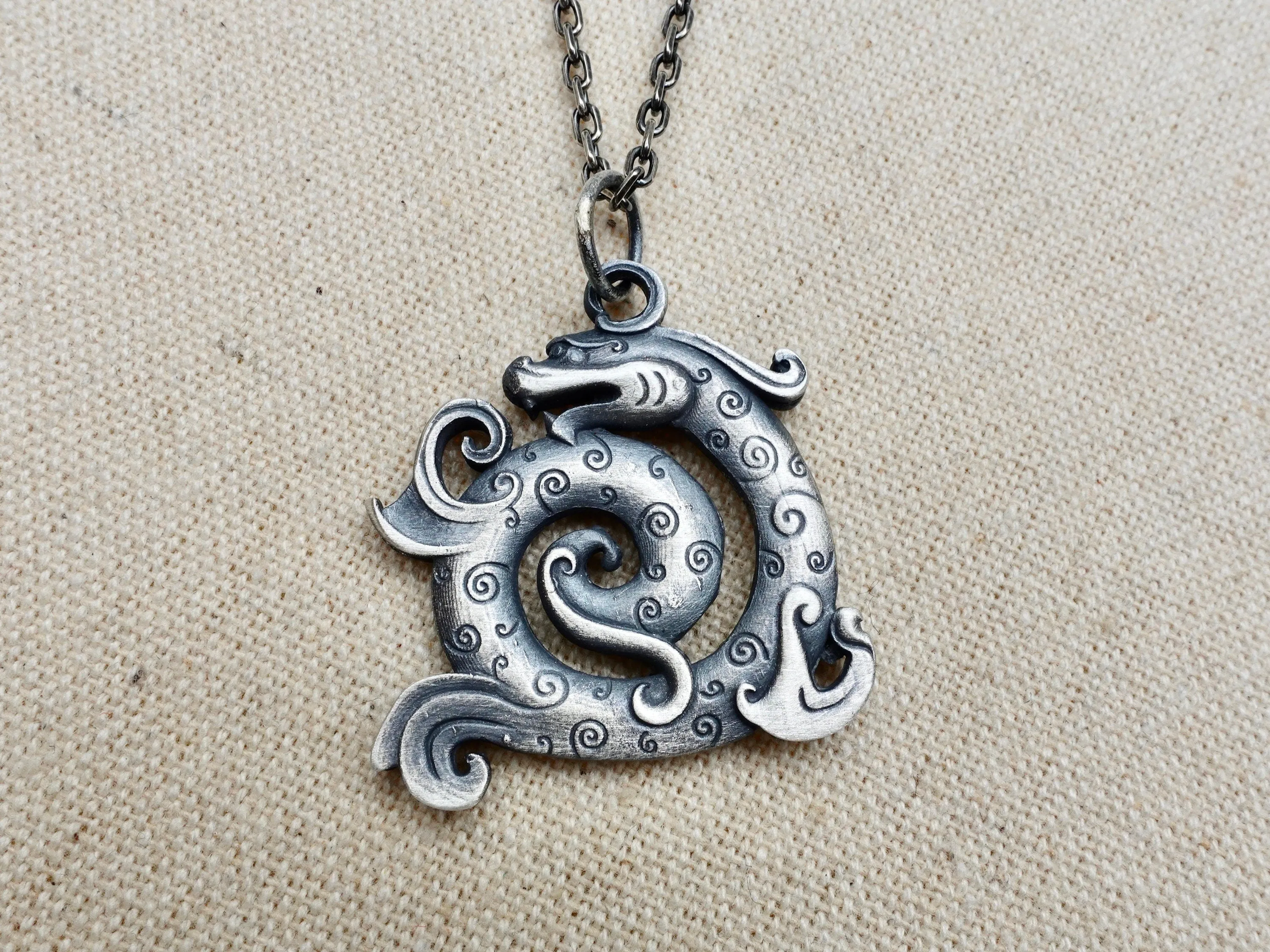 Sterling Silver Dragon Necklace For Men Women, rustic silver necklace, dragon pendant, oxidized mens pendant, viking necklace