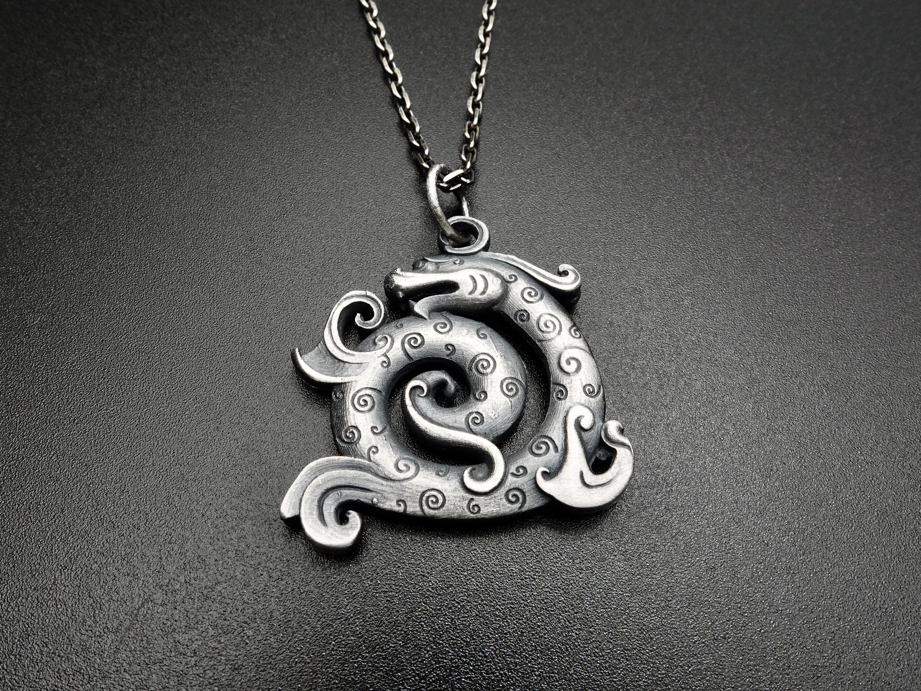 Sterling Silver Dragon Necklace For Men Women, rustic silver necklace, dragon pendant, oxidized mens pendant, viking necklace