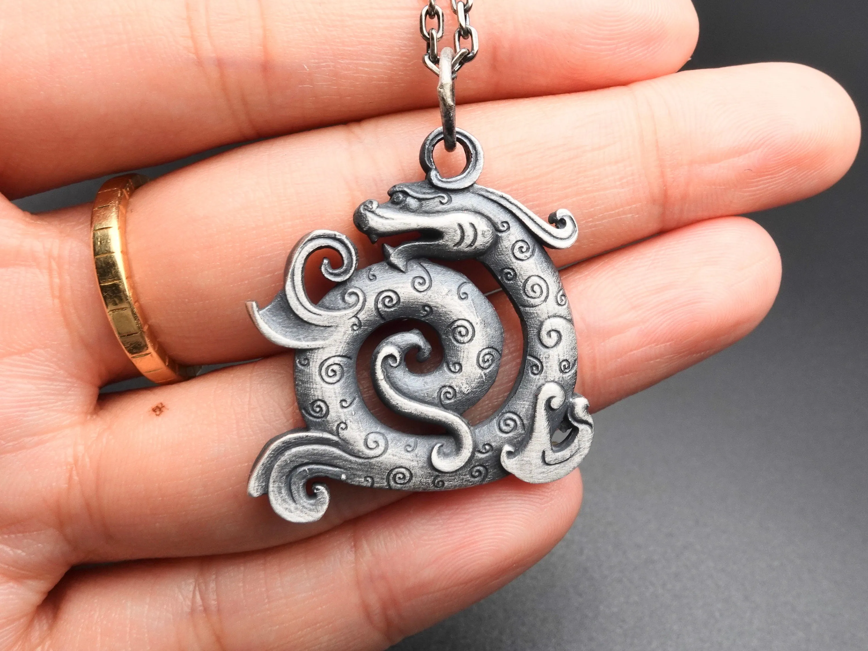 Sterling Silver Dragon Necklace For Men Women, rustic silver necklace, dragon pendant, oxidized mens pendant, viking necklace