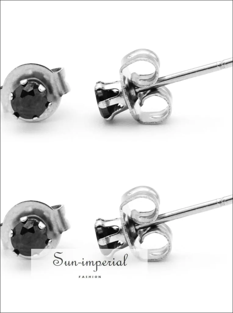 Stud Earring Set Of 2 Black Round Cubic Zirconia Stainless Steel Cz Studs