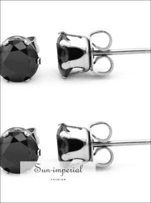 Stud Earring Set Of 2 Black Round Cubic Zirconia Stainless Steel Cz Studs