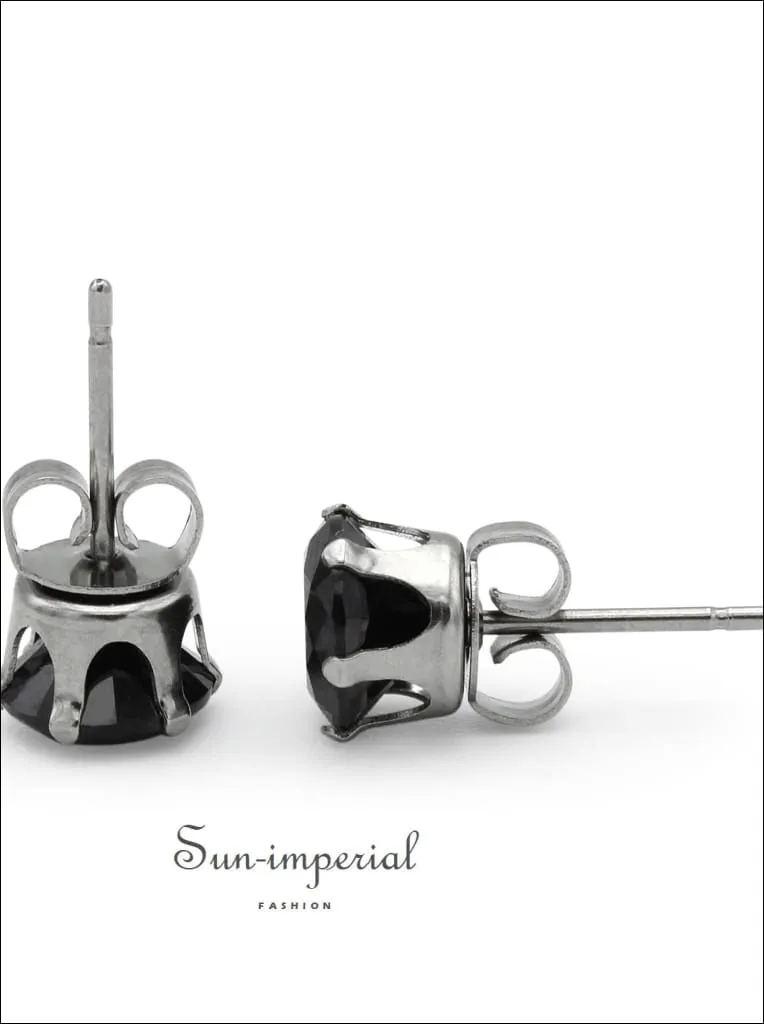 Stud Earring Set Of 2 Black Round Cubic Zirconia Stainless Steel Cz Studs