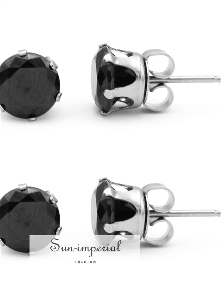 Stud Earring Set Of 2 Black Round Cubic Zirconia Stainless Steel Cz Studs