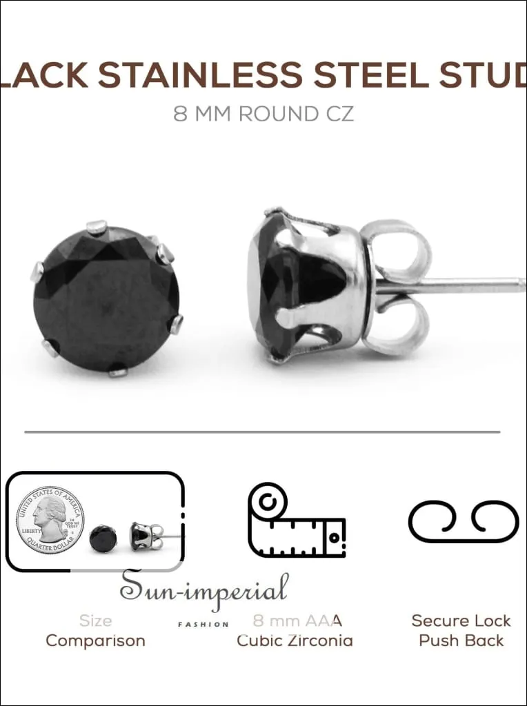 Stud Earring Set Of 2 Black Round Cubic Zirconia Stainless Steel Cz Studs