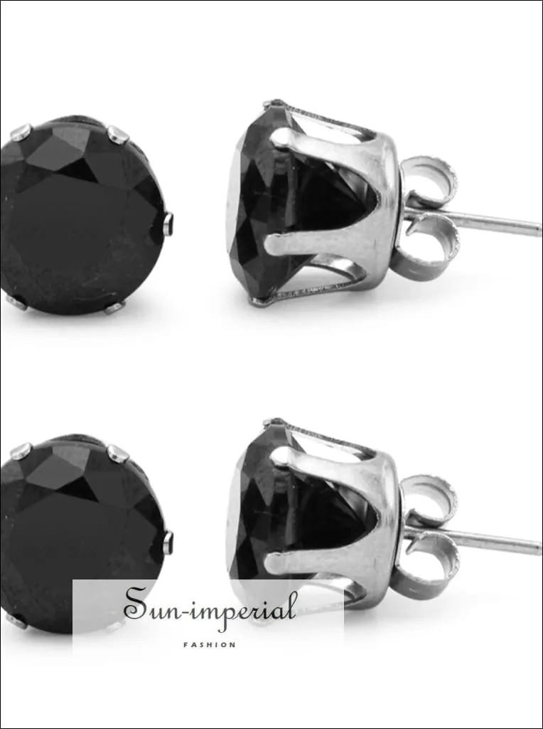 Stud Earring Set Of 2 Black Round Cubic Zirconia Stainless Steel Cz Studs