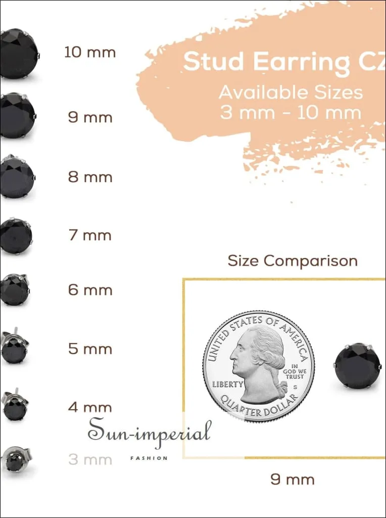 Stud Earring Set Of 2 Black Round Cubic Zirconia Stainless Steel Cz Studs