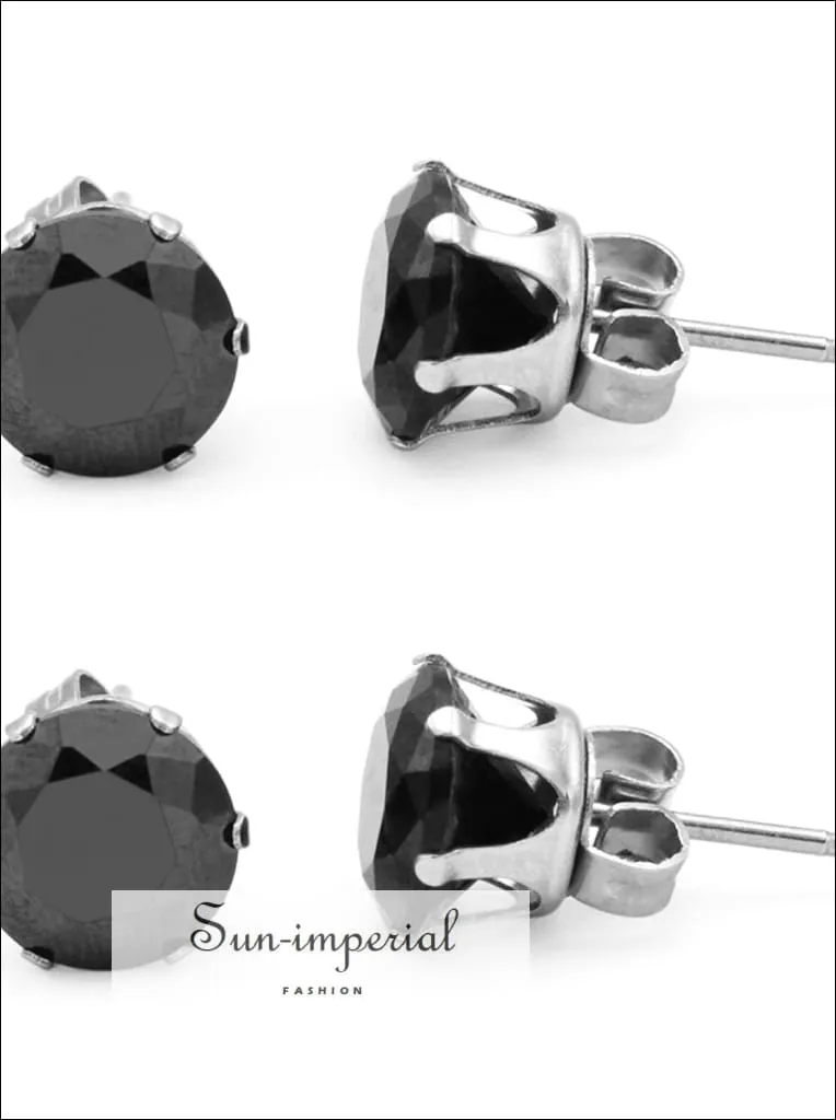 Stud Earring Set Of 2 Black Round Cubic Zirconia Stainless Steel Cz Studs