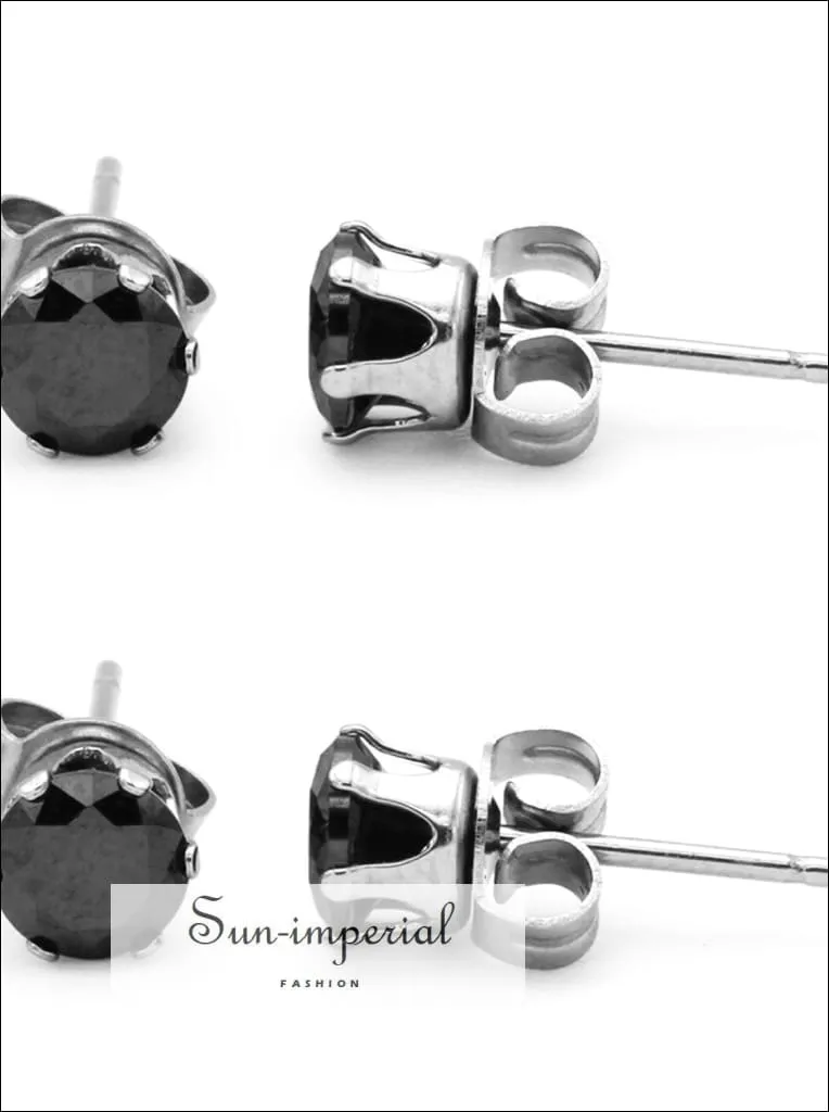 Stud Earring Set Of 2 Black Round Cubic Zirconia Stainless Steel Cz Studs