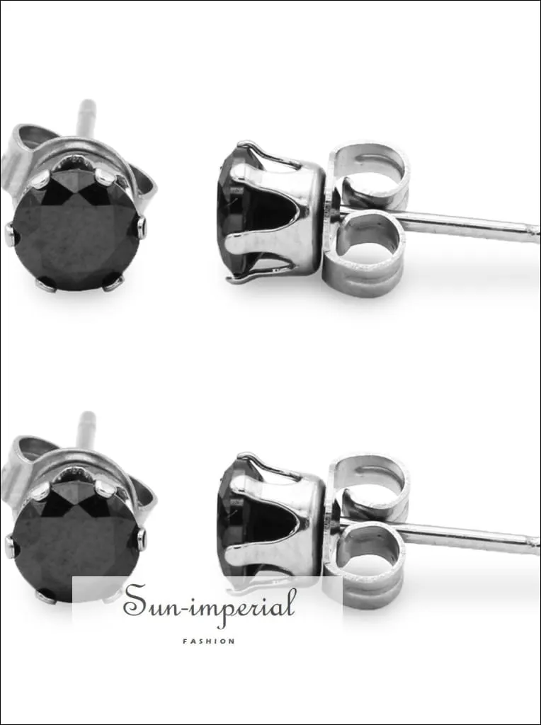 Stud Earring Set Of 2 Black Round Cubic Zirconia Stainless Steel Cz Studs
