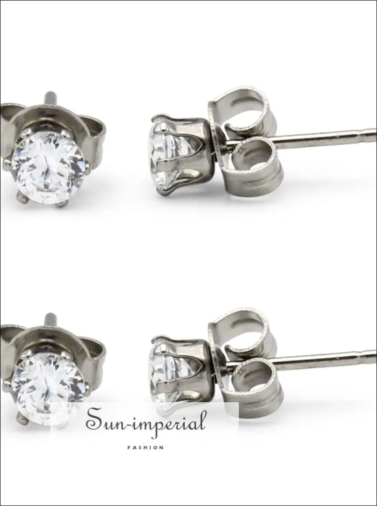 Stud Earring Set Of 2 Cubic Zirconia Earrings Shinny Unisex Silver Round Ear Jewelry