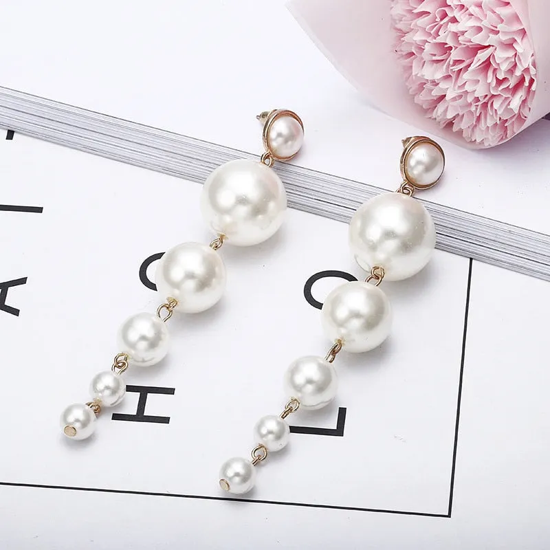Trendy Elegant Big Simulated Pearl Long Earrings