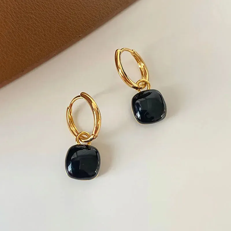 VAIGE Elegant Black Enamel Square Drop Huggie Hoop Earrings