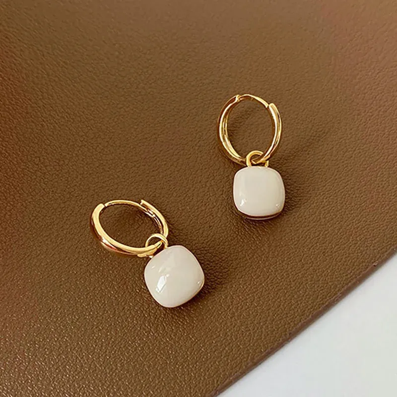 VAIGE Elegant Black Enamel Square Drop Huggie Hoop Earrings