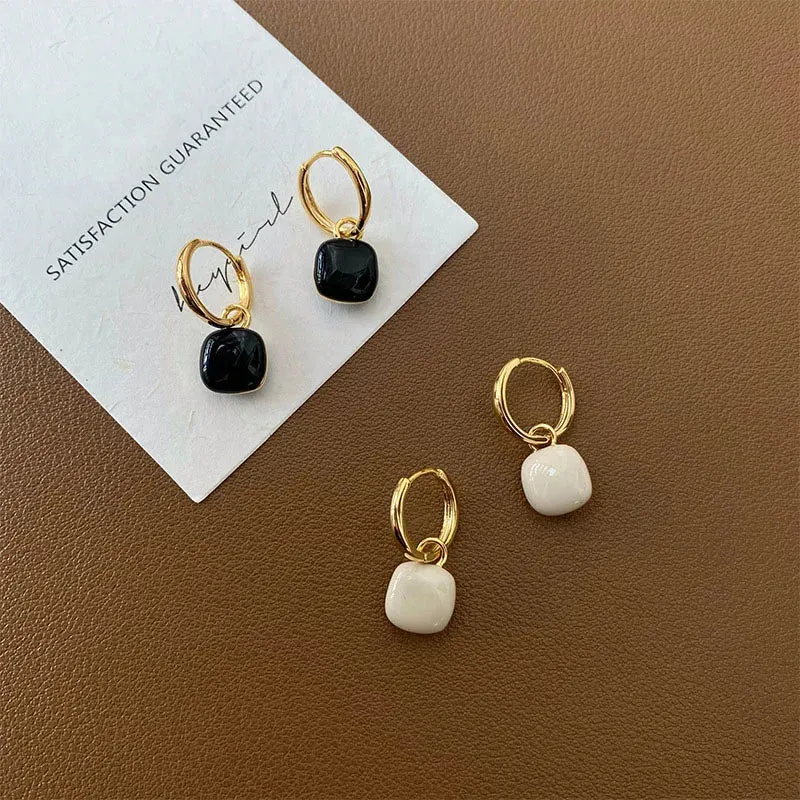 VAIGE Elegant Black Enamel Square Drop Huggie Hoop Earrings