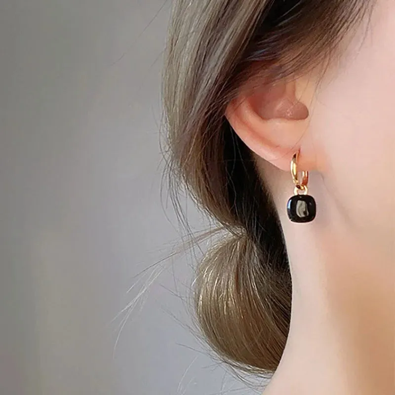 VAIGE Elegant Black Enamel Square Drop Huggie Hoop Earrings