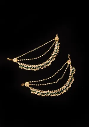 White 3 row Traditional Indian Ear Chains with Pearls and Dangling Beads | Shobitam Jewelry