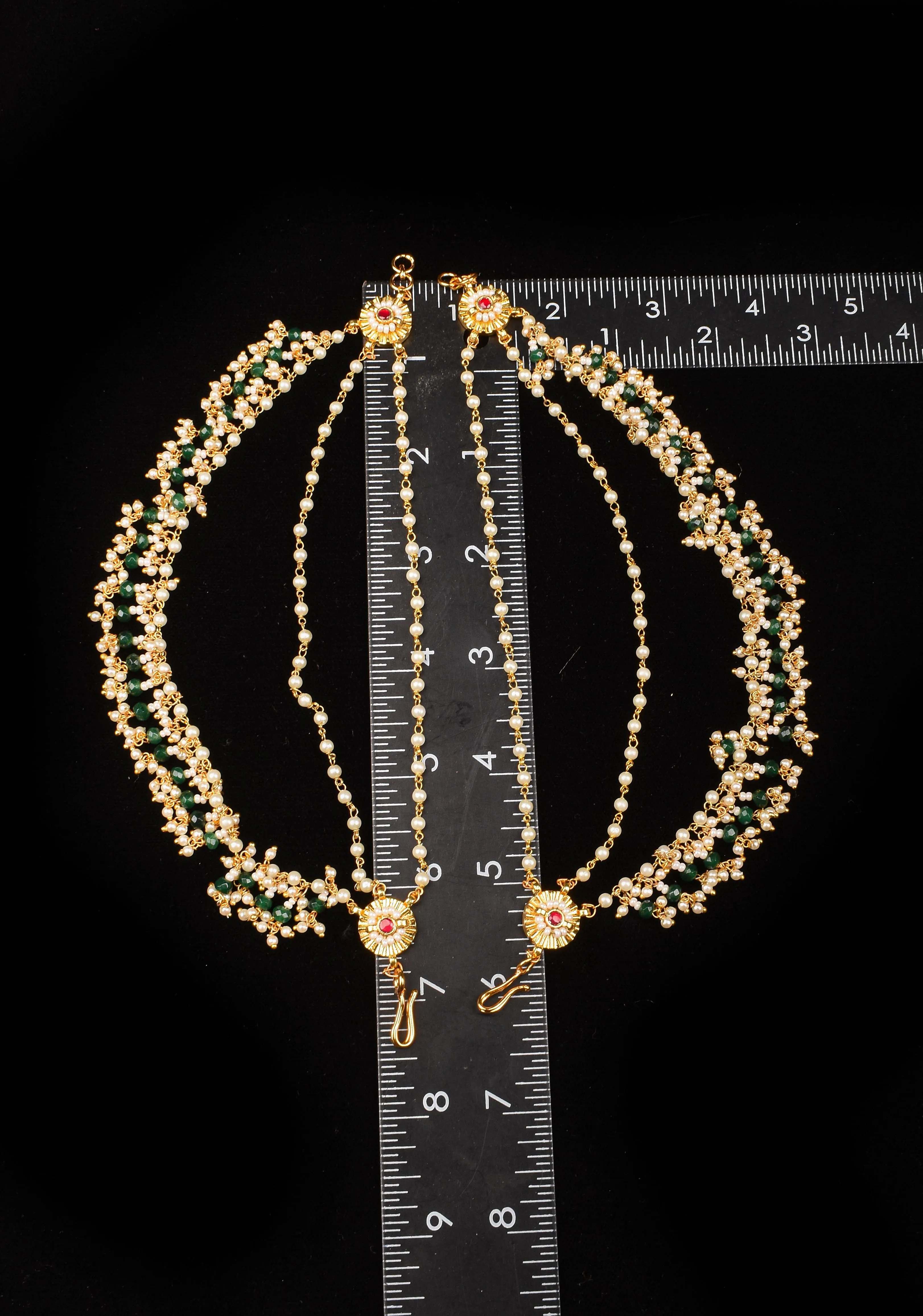 White 3 row Traditional Indian Ear Chains with Pearls and Dangling Beads | Shobitam Jewelry