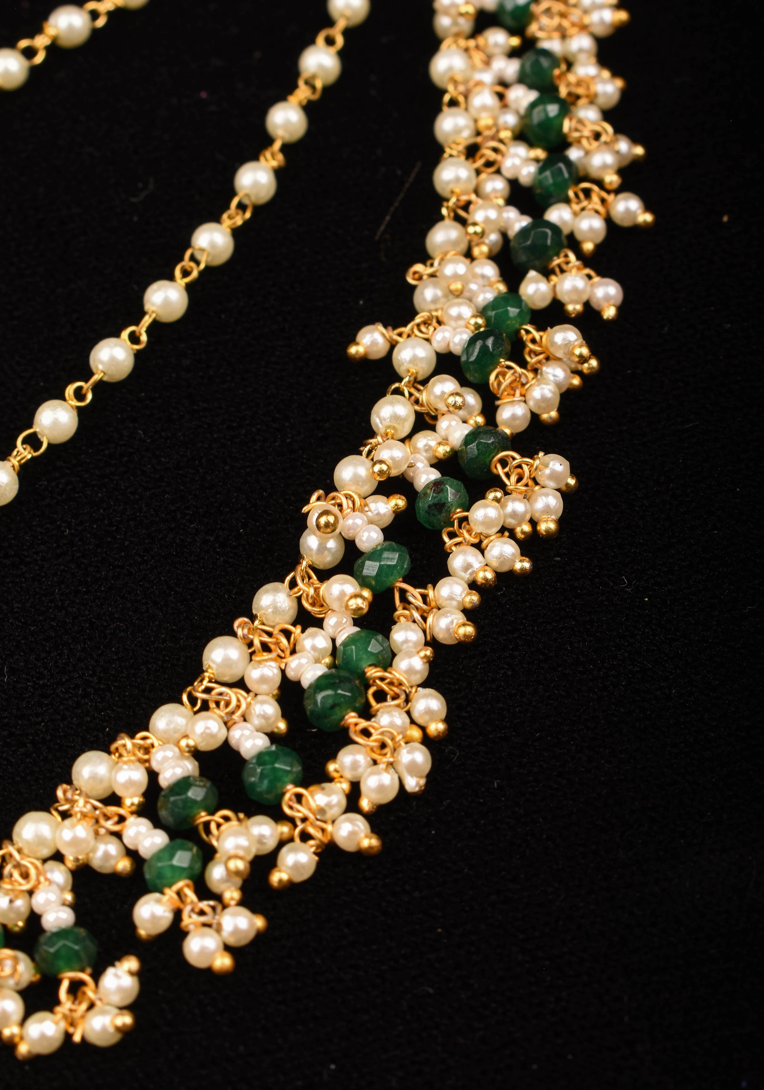 White 3 row Traditional Indian Ear Chains with Pearls and Dangling Beads | Shobitam Jewelry