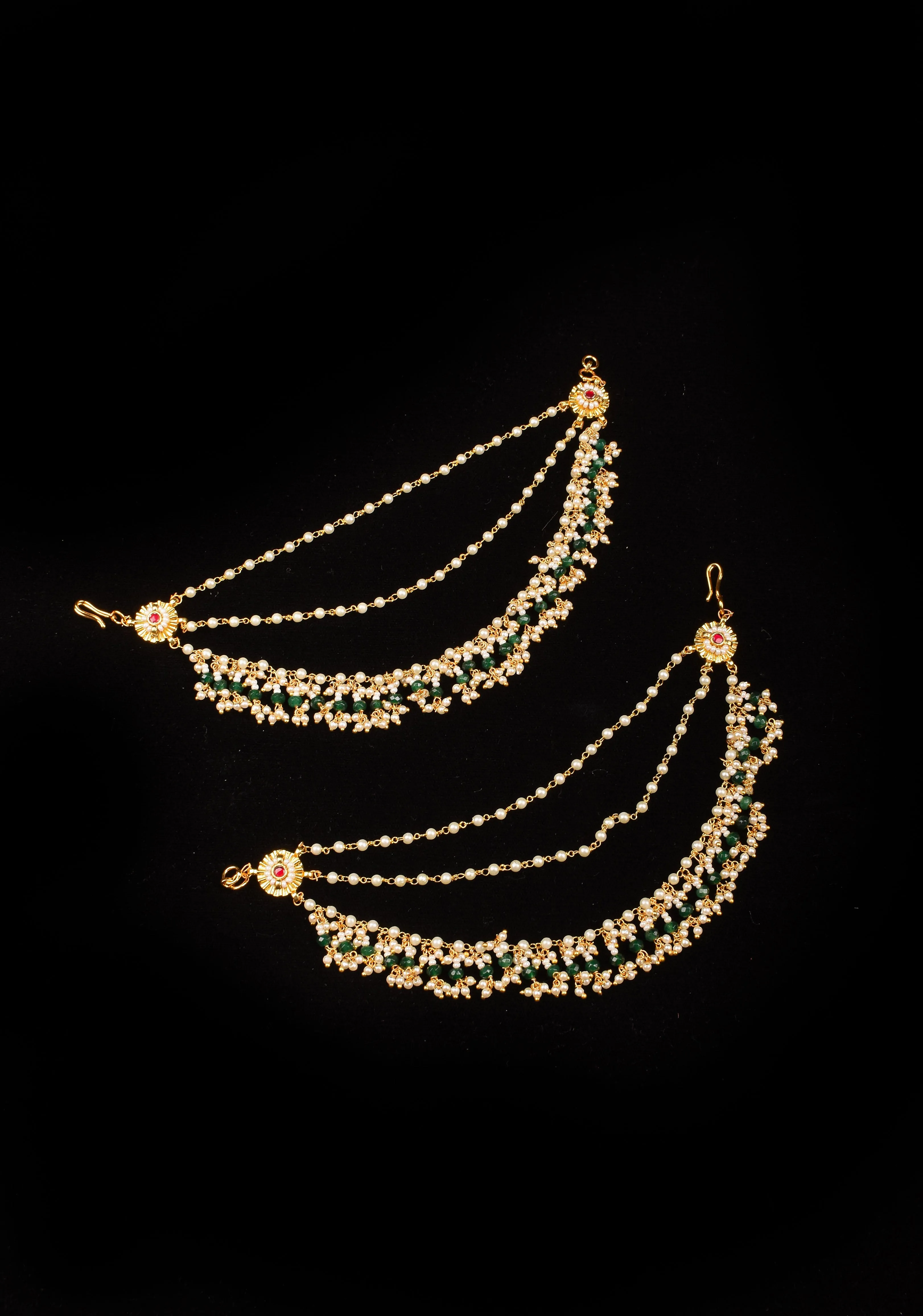 White 3 row Traditional Indian Ear Chains with Pearls and Dangling Beads | Shobitam Jewelry