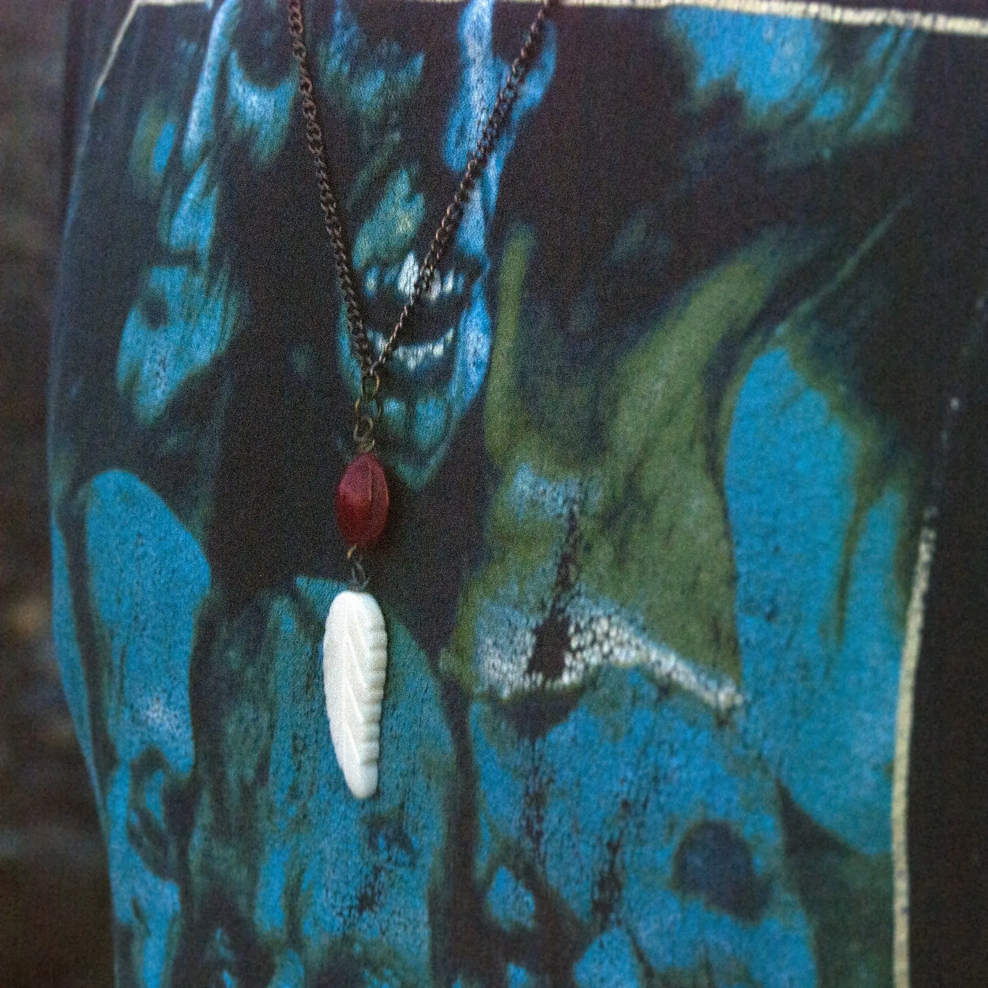 White Feather Beaded Men's Necklace - Carved Bone