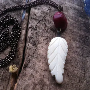 White Feather Beaded Men's Necklace - Carved Bone