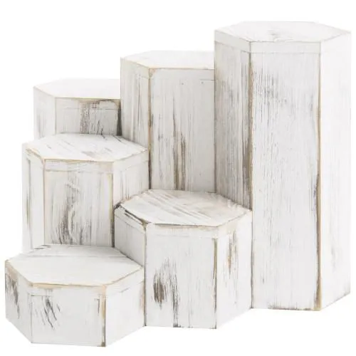 Whitewashed Hexagonal Jewelry Display Riser Stands, Set of 6