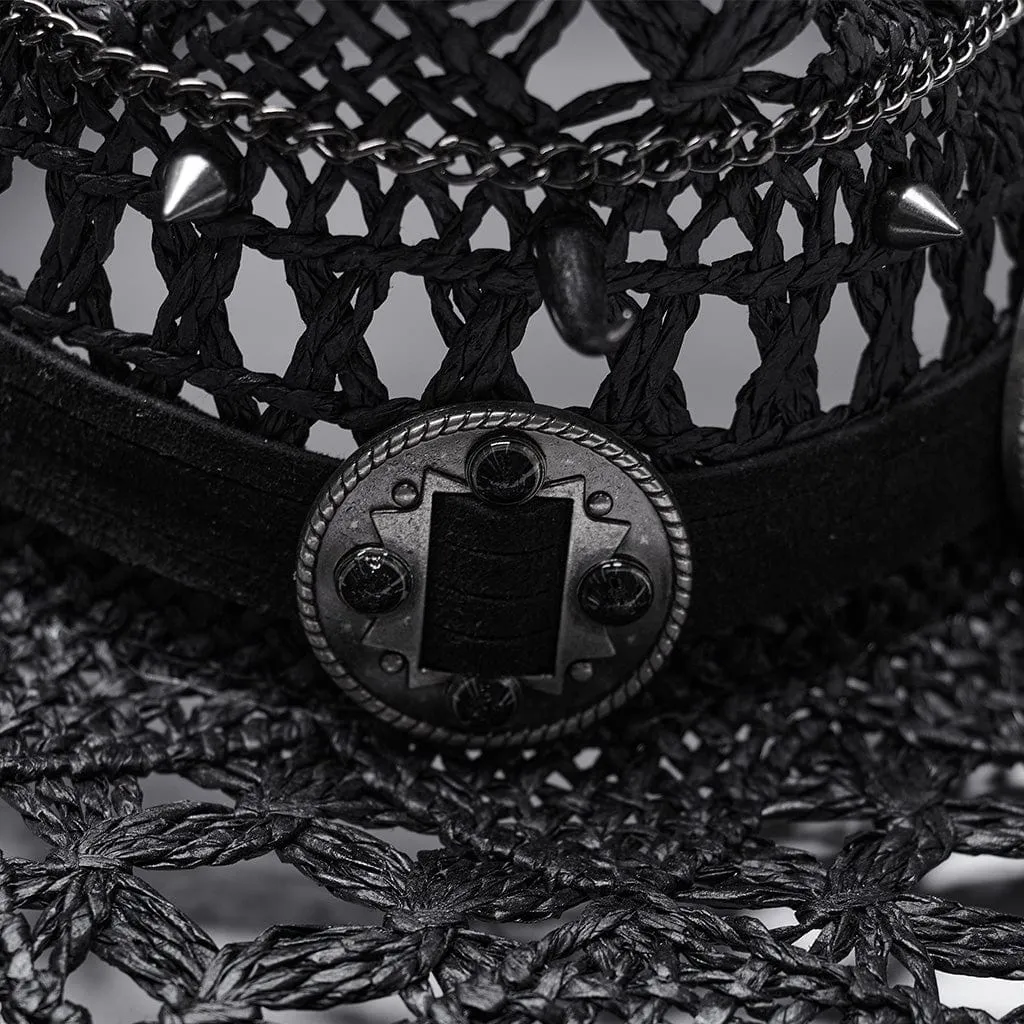 Women's Punk Cutout Studded Woven Hat Black