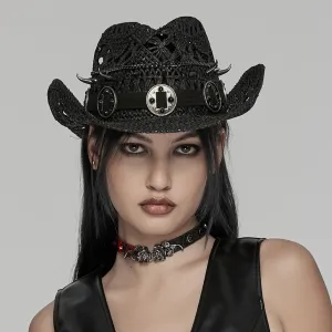Women's Punk Cutout Studded Woven Hat Black