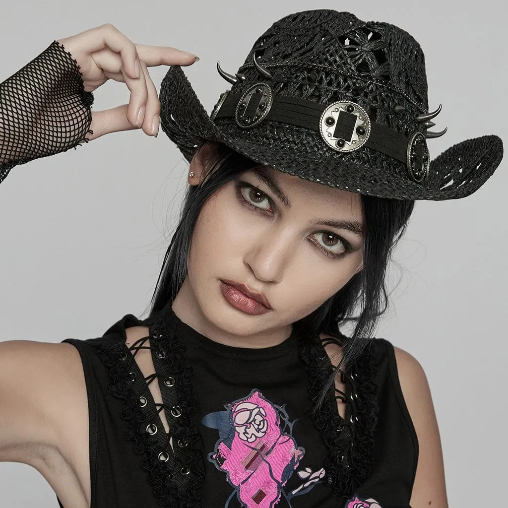 Women's Punk Cutout Studded Woven Hat Black