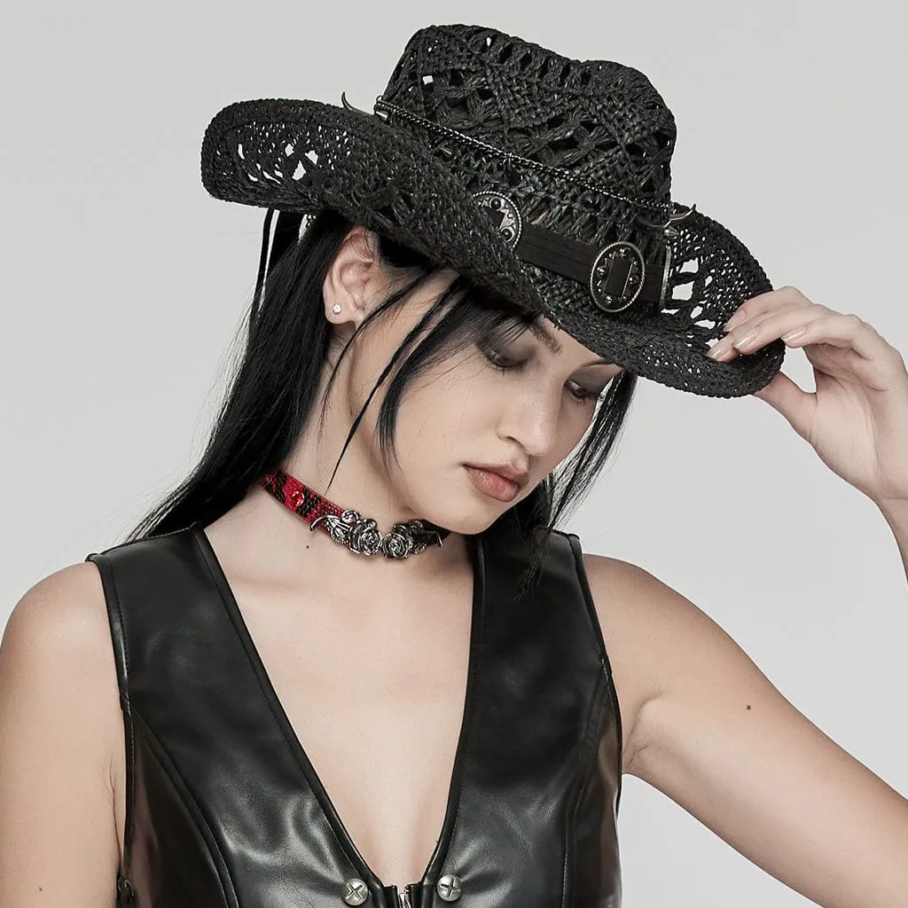 Women's Punk Cutout Studded Woven Hat Black