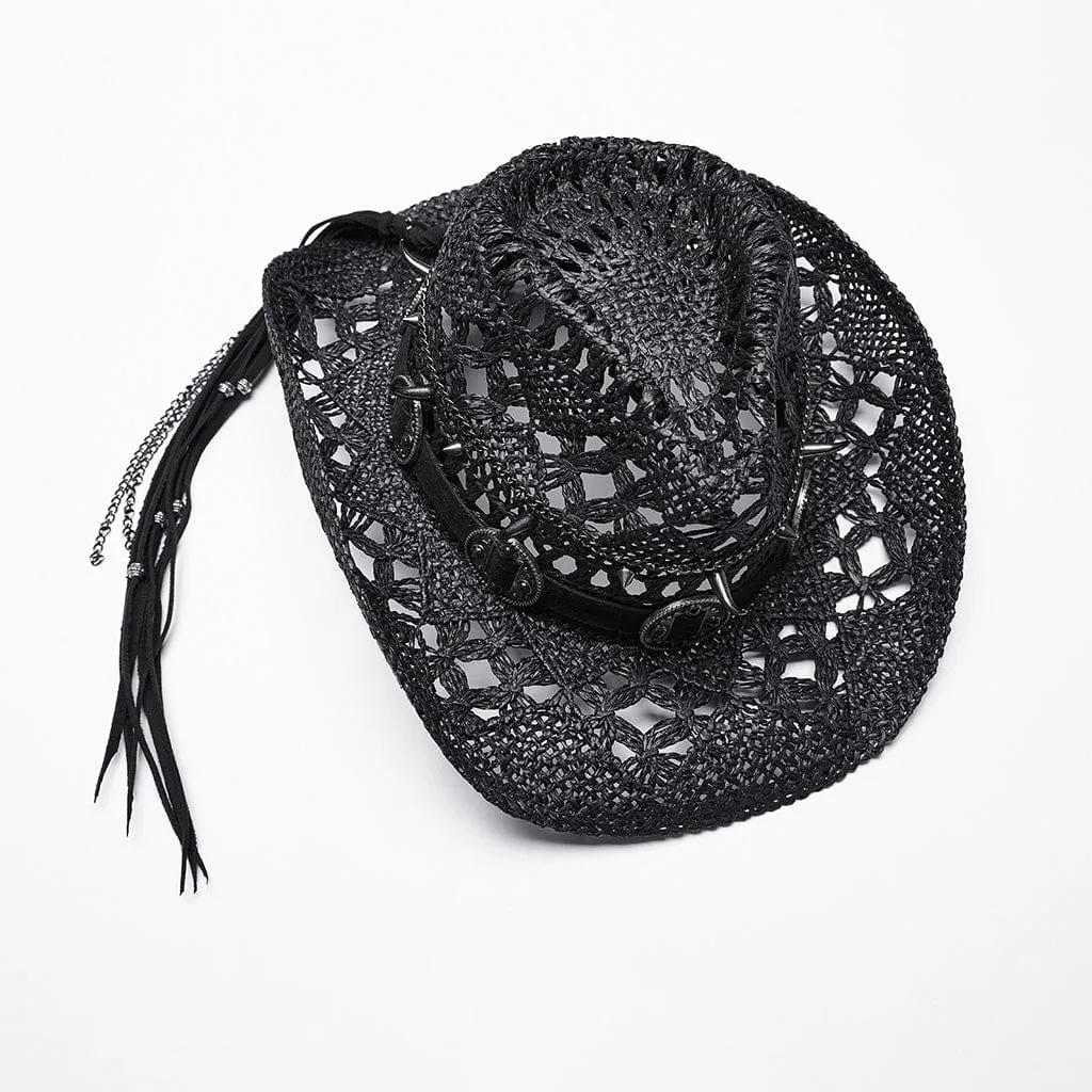 Women's Punk Cutout Studded Woven Hat Black
