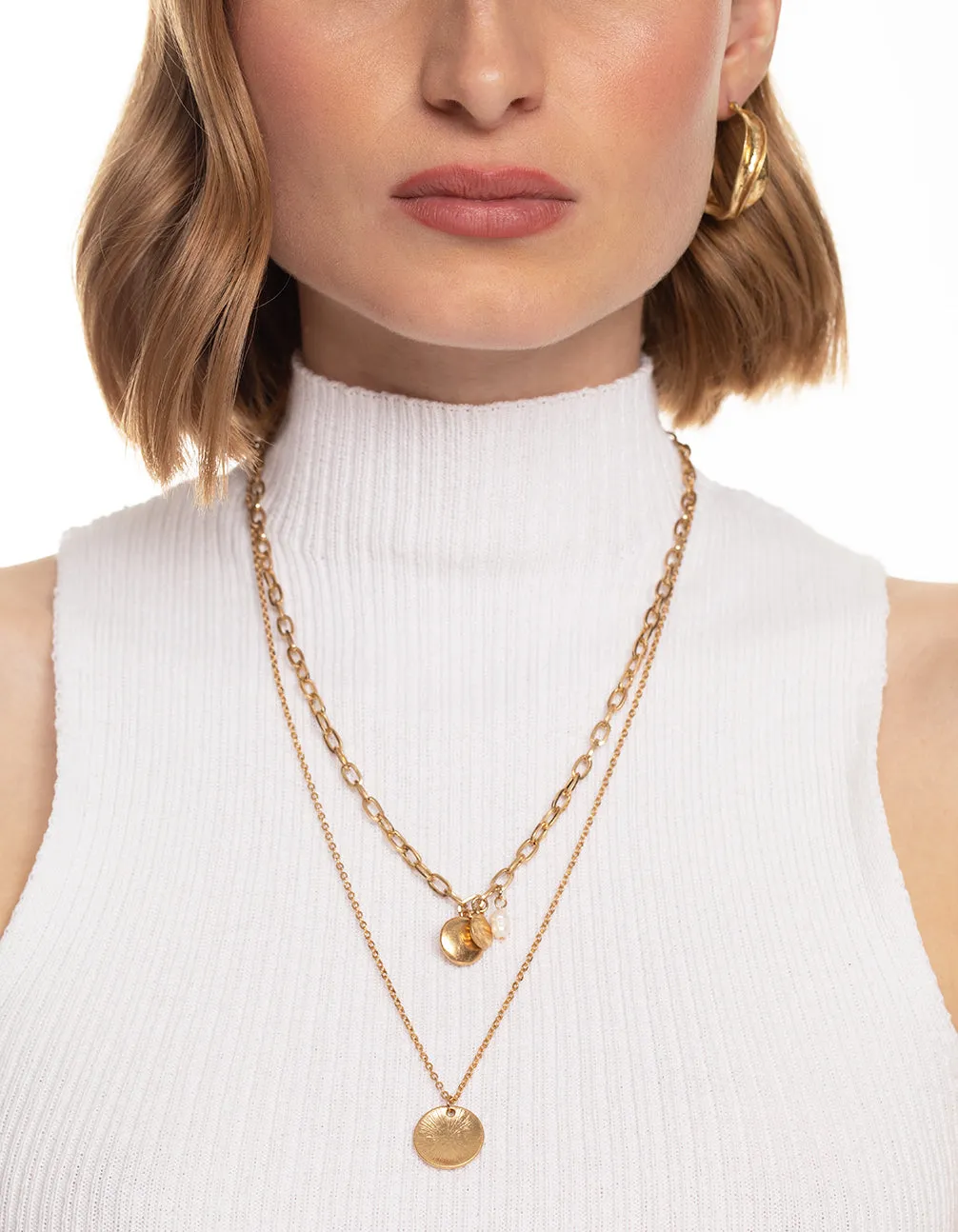 Worn Gold Disc Freshwater Pearl 2 Layer Necklace