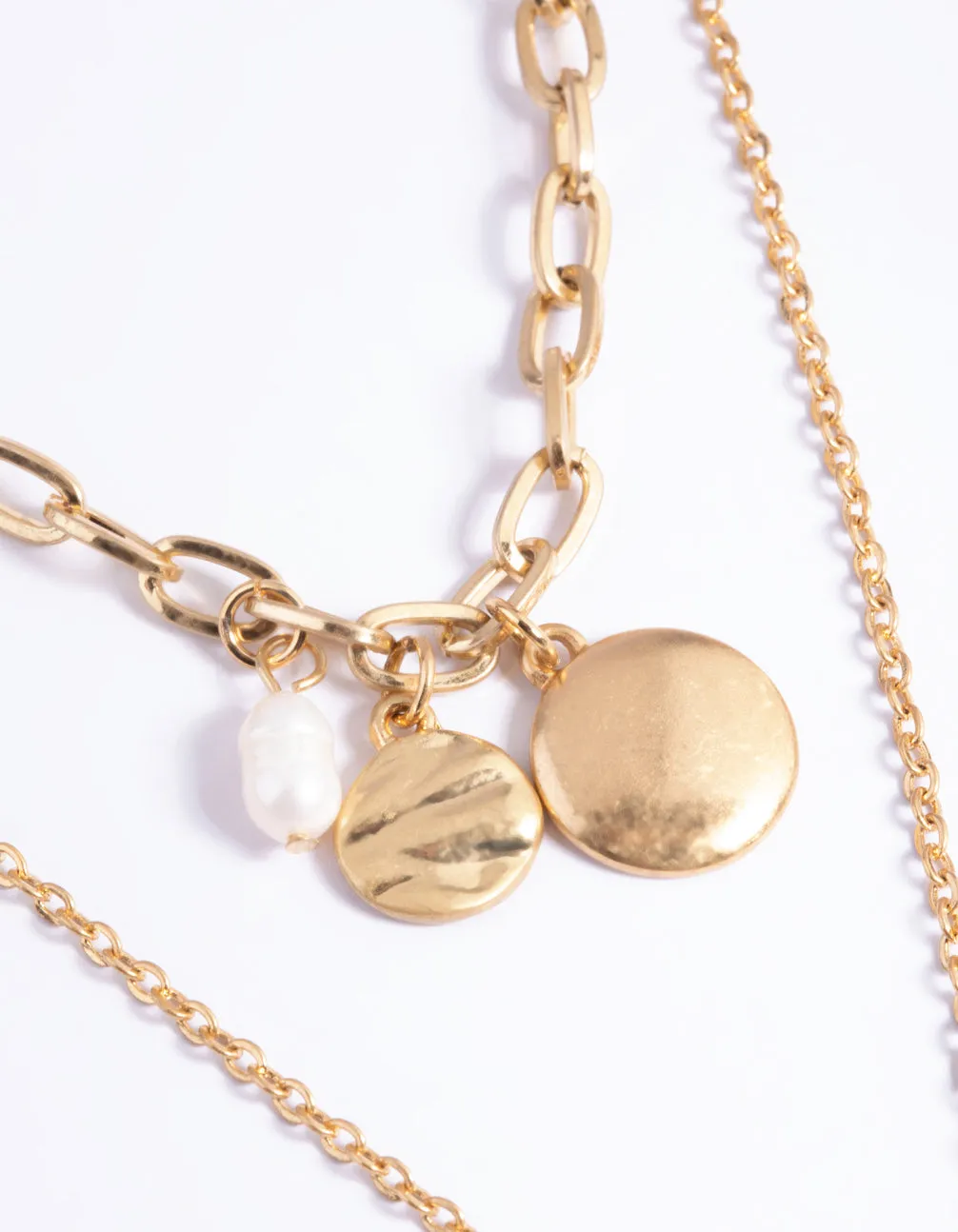 Worn Gold Disc Freshwater Pearl 2 Layer Necklace