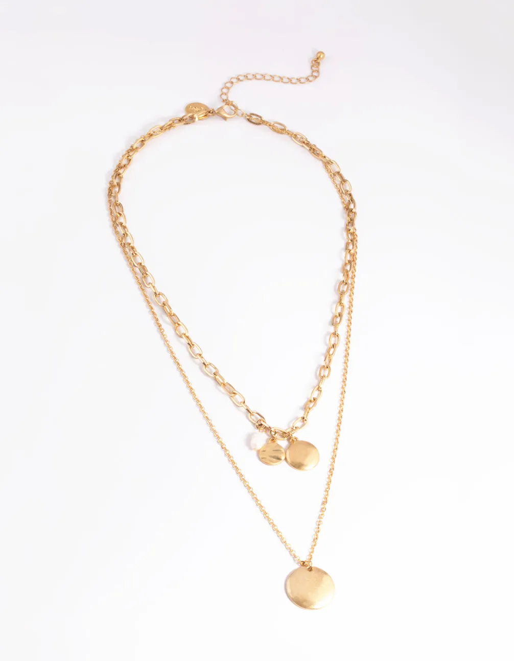 Worn Gold Disc Freshwater Pearl 2 Layer Necklace
